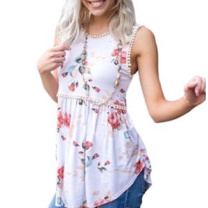 White Floral Pompom Lace Trim Flowy Tank Top
